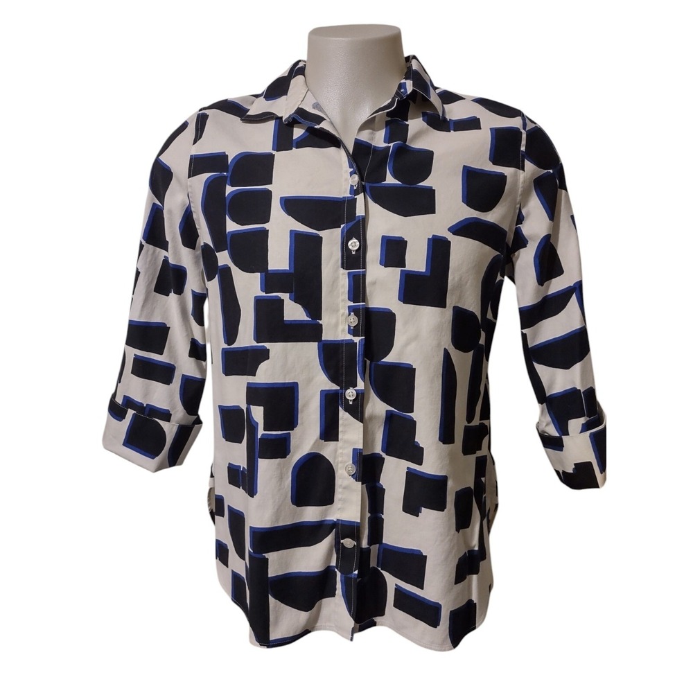 Chico's Blouse Womens Size 2 US L/12 Non Iron Chic Stretch Collar Roll Up Sleeve